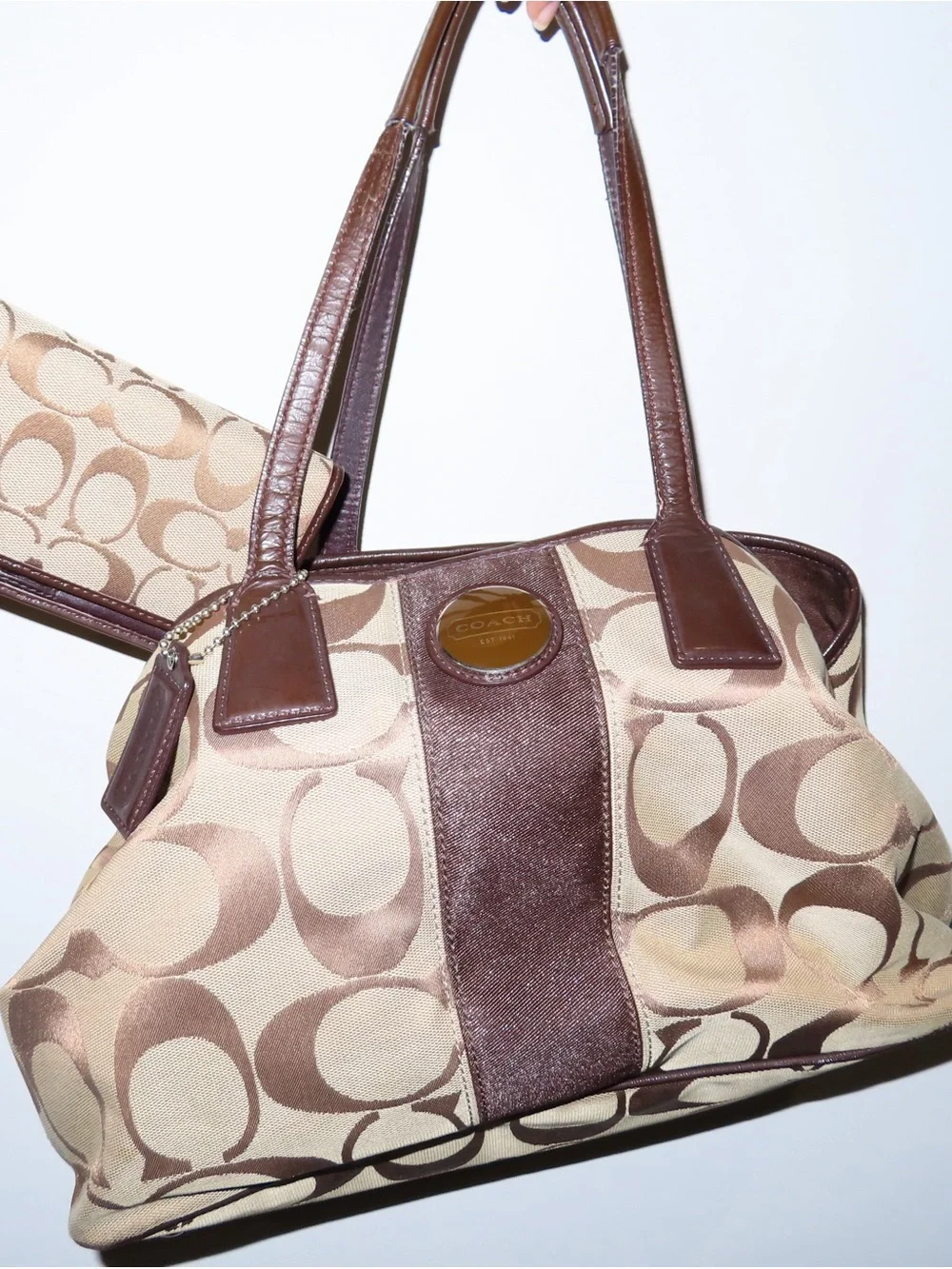 Coach Brown and Beige Signature Canvas Shoulder Bag